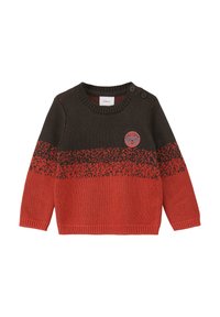 Sweter dzianinowy z okrągłym dekoltem, ciemnooliwkowy, z ombre w odcieniach czerwieni i czerni. Posiada ozdobną łatę jeża oraz detale z guzikami.