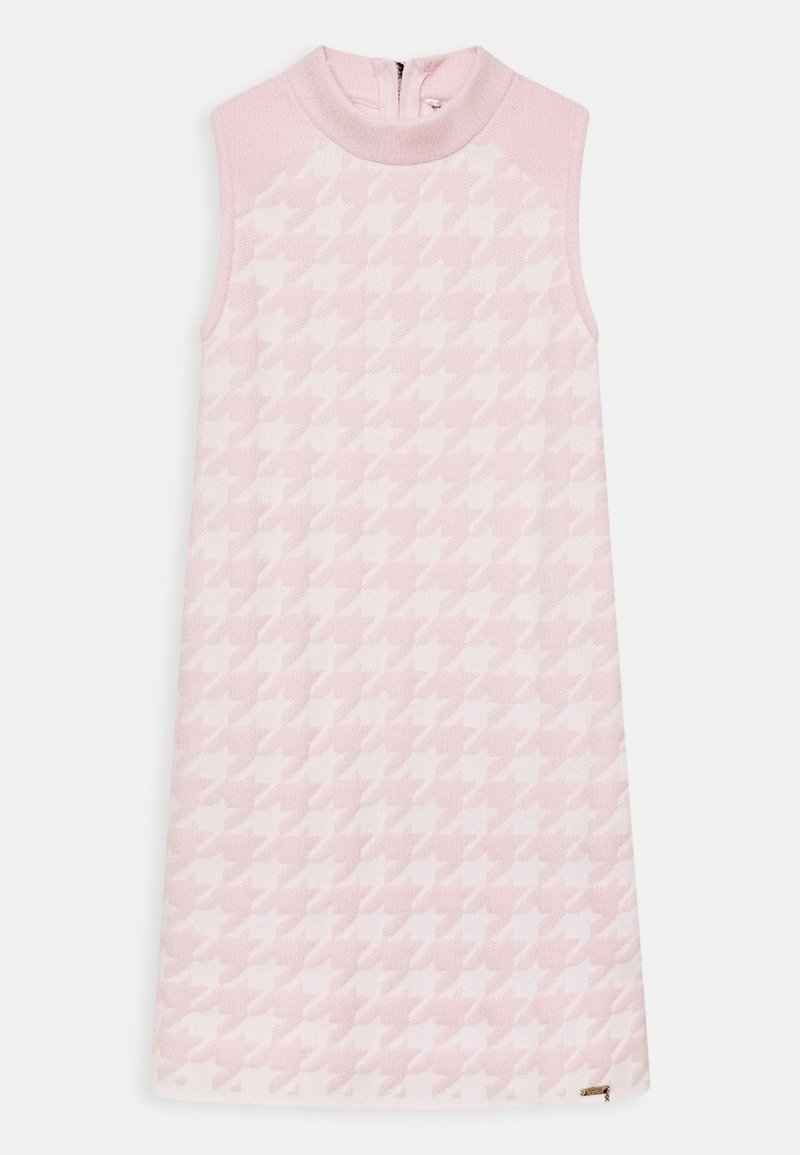 Sleeveless pink dress featuring a houndstooth pattern, high neck, and back zipper. Made from a textured, knit fabric.