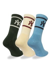 Tre paia di calzini da lavoro: verde scuro con strisce bianche, crema con strisce bordeaux e azzurro chiaro con strisce navy. Texture a coste su tutta la superficie.