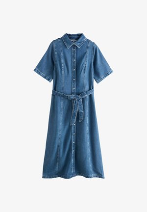 Rochie midi din denim albastru cu mâneci scurte, închidere cu nasturi în față, guler și curea legată în talie.