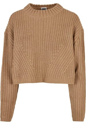 Beige pletený svetr s vysokým límcem, zkráceným střihem, dlouhými rukávy a texturovaným vzorem. Má ribbené manžety a lem.