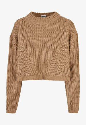 Beige gebreide trui met een hoge hals, een cropped ontwerp, lange mouwen en een gestructureerd patroon. Heeft ribgebreide manchetten en een zoom.