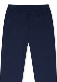Marineblaue Baumwoll-Sweatpants mit einem elastischen Bund, die eine glatte Textur und gerades Bein-Design aufweisen, ohne zusätzliche Muster oder Akzente.