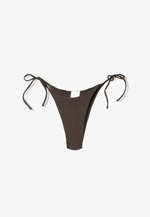 Brown bikini bottom with a minimal design, featuring adjustable ties on each side and a smooth texture. No additional patterns or hardware.
