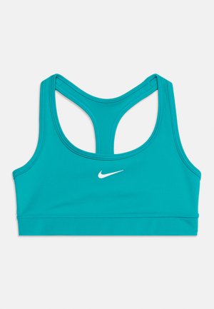 Turkusowy biustonosz sportowy z wycięciem racerback, z białym logo Nike Swoosh na środku przodu, wykonany z gładkiej, funkcyjnej tkaniny.