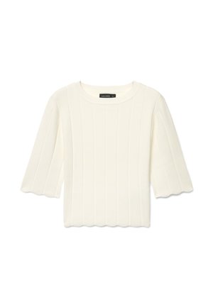 Maglione bianco a coste con maniche corte, bordi smerlati e scollo rotondo.