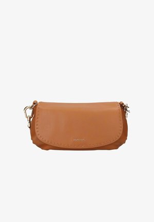 Tan leather shoulder bag with flap closure, subtle stitched detailing, silver clasps, and small brand logo centered on front.