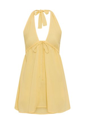 Rochie galbenă cu gât halter, realizată dintr-un material ușor. Prezintă un decolteu adânc în V, talie strânsă cu un cordon și o siluetă evazată.