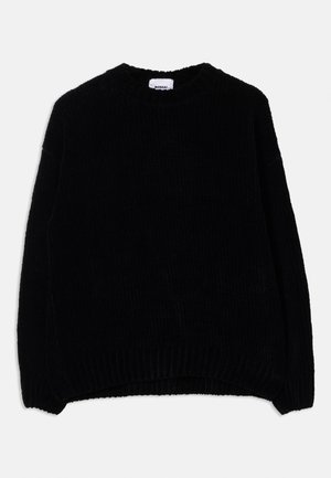 Black knitted sweater with a round neck, ribbed cuffs and hem, featuring a soft texture and loose silhouette. Tag visible inside the collar.