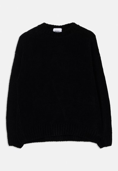 Black knitted sweater with a round neck, ribbed cuffs and hem, featuring a soft texture and loose silhouette. Tag visible inside the collar.