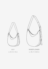 Zwei Schultertaschen: Lily (33x8x15 cm) und Windflower (36x11x22,5 cm). Beide bieten sanfte Linien, einen einzelnen Schulterriemen und ein minimalistisches Design.