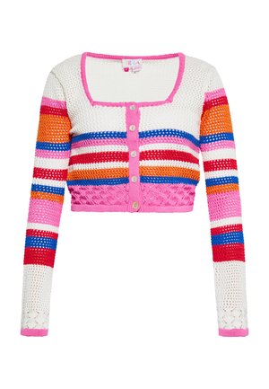 Korte cardigan van gebreid materiaal, met kleurrijke strepen in rood, blauw, oranje en roze, voorzien van knoopsluiting en een vierkante halslijn.