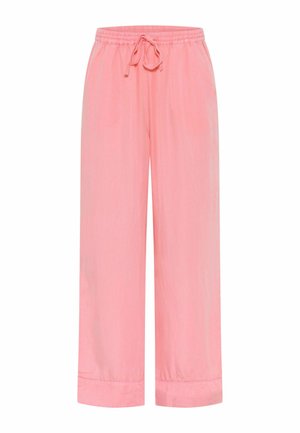 Pantaloni rosa a gamba larga, realizzati in tessuto leggero, presentano una cintura elastica con lacci e orli cuffati.