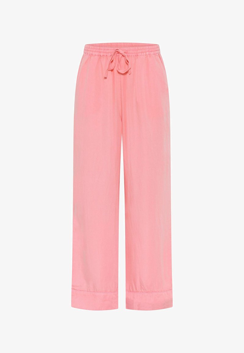 Un pantalon large rose, en tissu léger, avec une taille élastique munie d'un cordon de serrage et des ourlets resserrés.