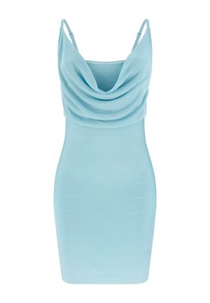 Jasnoniebieska obcisła mini sukienka z cienkimi regulowanymi ramiączkami i drapowanym dekoltem typu komin.