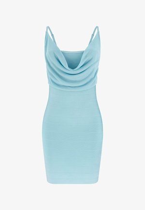 Jasnoniebieska obcisła mini sukienka z cienkimi regulowanymi ramiączkami i drapowanym dekoltem typu komin.