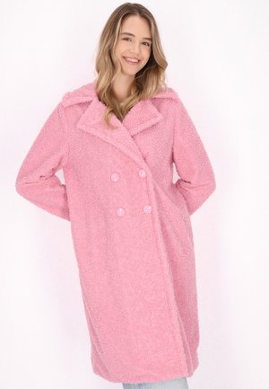Pink, double-breasted coat made from fluffy fabric. Features a wide collar and two pink buttons. Long sleeves with a relaxed fit.