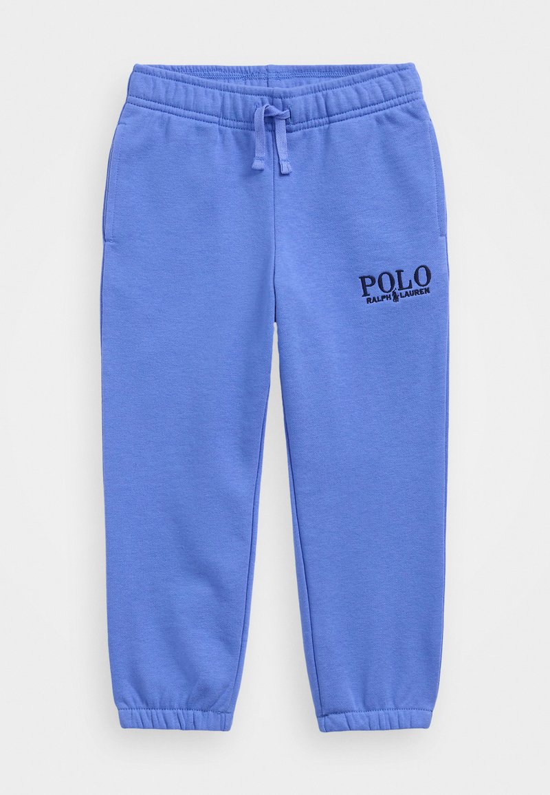 Απαλές ανοιχτό μπλε φόρμες, κατασκευασμένες από μαλακό ύφασμα, με ελαστική μέση και κορδόνι, ραμμένες μανσέτες και λογότυπο "POLO RALPH LAUREN" σε μαύρο χρώμα.
