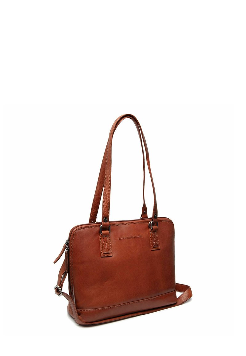Borsa tote in pelle marrone con manici doppi, chiusura a zip e forma rettangolare. Presenta cuciture sottili e nessun motivo visibile.