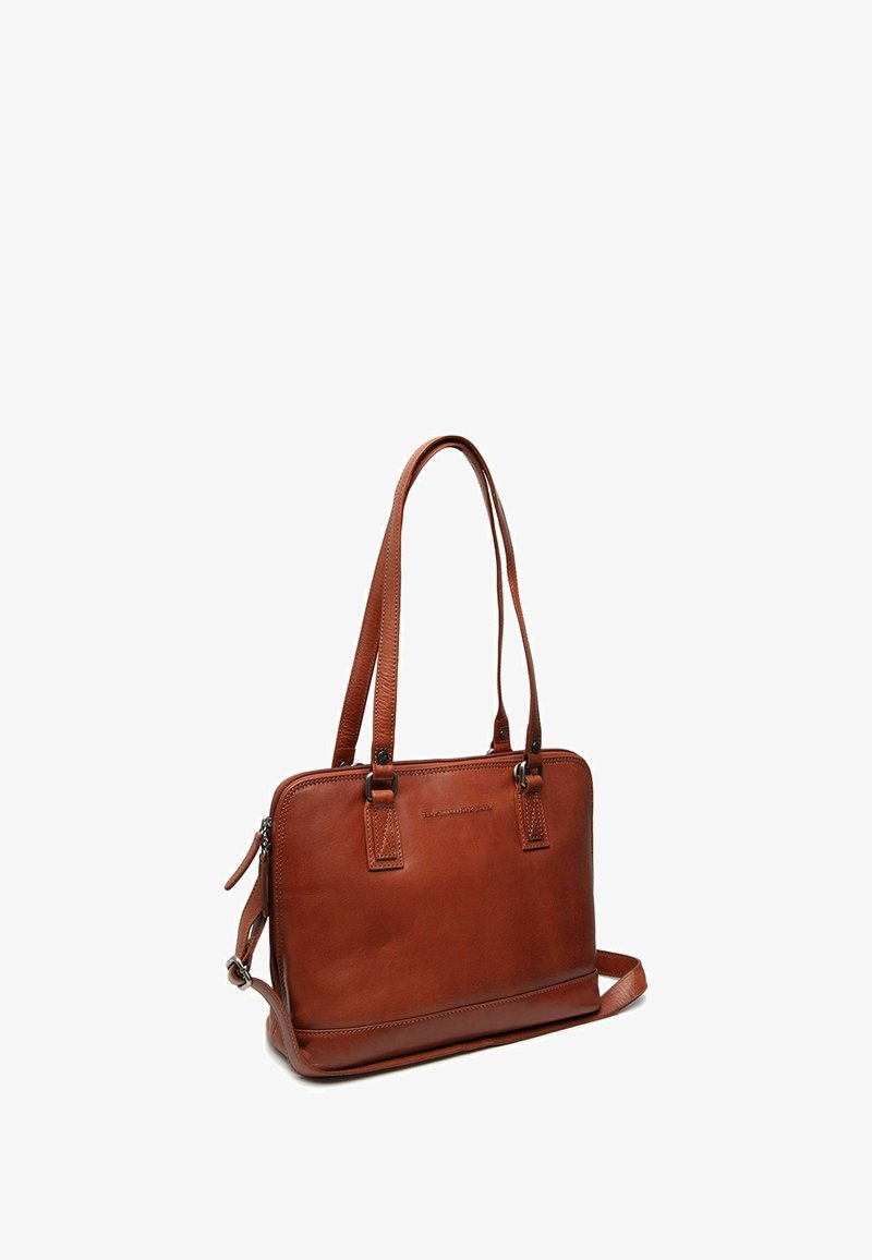 Borsa tote in pelle marrone con manici doppi, chiusura a zip e forma rettangolare. Presenta cuciture sottili e nessun motivo visibile.