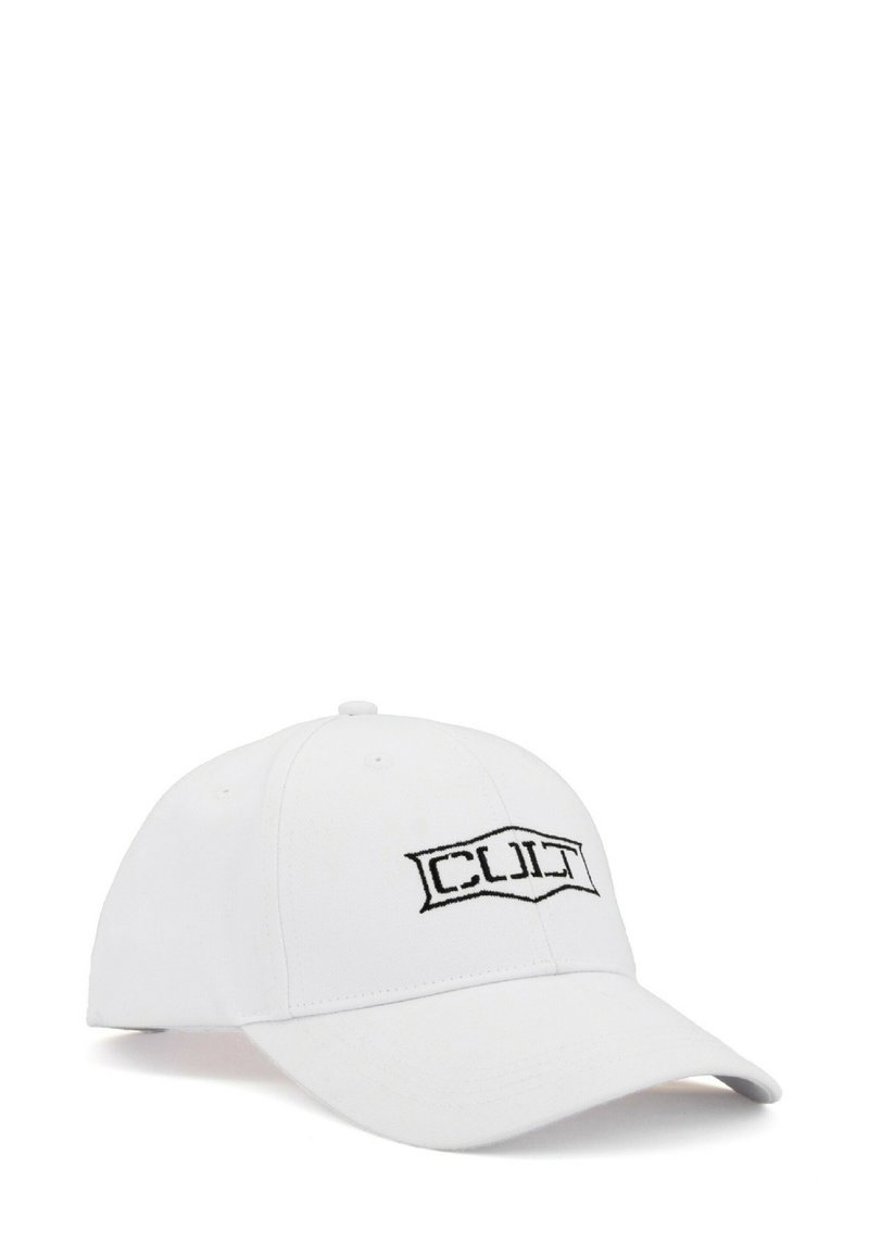 Cappellino da baseball bianco con logo "CULT" ricamato in nero sul davanti, cupola arrotondata e visiera curva. Materiale in cotone.