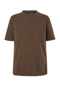 Hnědé tričko s krátkým rukávem z měkké látky, s kulatým výstřihem a rovný střihem bez viditelných vzorů či ozdob.