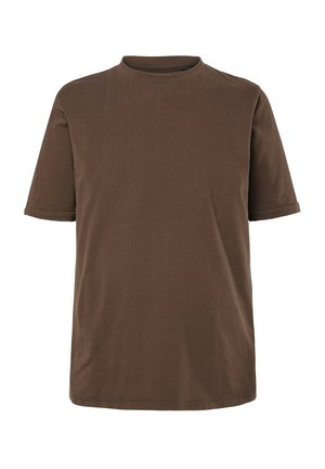 Hnědé tričko s krátkým rukávem z měkké látky, s kulatým výstřihem a rovný střihem bez viditelných vzorů či ozdob.