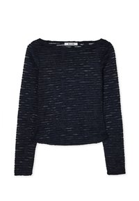 Langdurige mouwtop in marineblauw, gemaakt van textuurstof met een patroonafwerking. Kenmerkt zich door een brede halslijn en een relaxed fit.