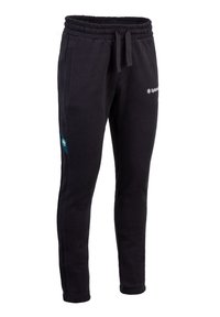 Pantalones de chándal negros con una cinturilla elástica, cordón, bolsillos laterales y un logo en el muslo izquierdo. Fabricados con un material suave y texturizado.