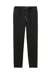 Pantalons de survêtement noirs avec une taille élastique, cordon de serrage ajustable, deux poches latérales et une coupe fuselée. Texture de tissu douce.