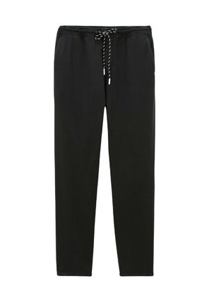 Pantalons de survêtement noirs avec une taille élastique, cordon de serrage ajustable, deux poches latérales et une coupe fuselée. Texture de tissu douce.