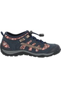 Scarpa da corsa blu navy con accenti floreali, materiali sintetici, sistema di laccio elastico, puntale rinforzato e suola in gomma testurizzata.