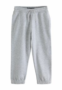 Grå sweatpants i mjuk tyg, med elastisk midja och dragsko, samlade muddar och en slät yta.