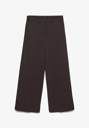 Wijde broekspijpen van donkerbruine stof met een gladde textuur. Voorzien van twee zijzakken en een eenvoudig taillebandontwerp.