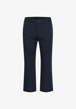 Námořnická modrá zkrácená kalhoty vyrobené z hladké látky. Mají přední zapínání na knoflík, poutka na opasek a rovný střih nohou se zašitým lemem.