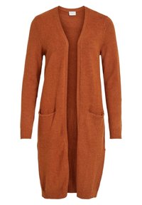 Lång öppen frontkofta i rostorange stickad tyg. Har ribbade ärmslut och två framfickor. Slät textur och avslappnad passform.