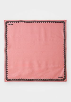 Pink silk scarf featuring a black lace border and "MOSCHINO" branding in one corner. Smooth texture, rectangular shape.