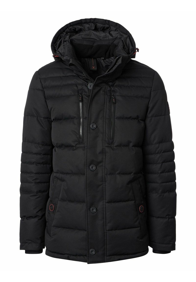 Giacca invernale imbottita nera con cappuccio, chiusura frontale con bottoni e zip, due tasche pettorali con zip verticali e due tasche laterali con pattine e bottoni.