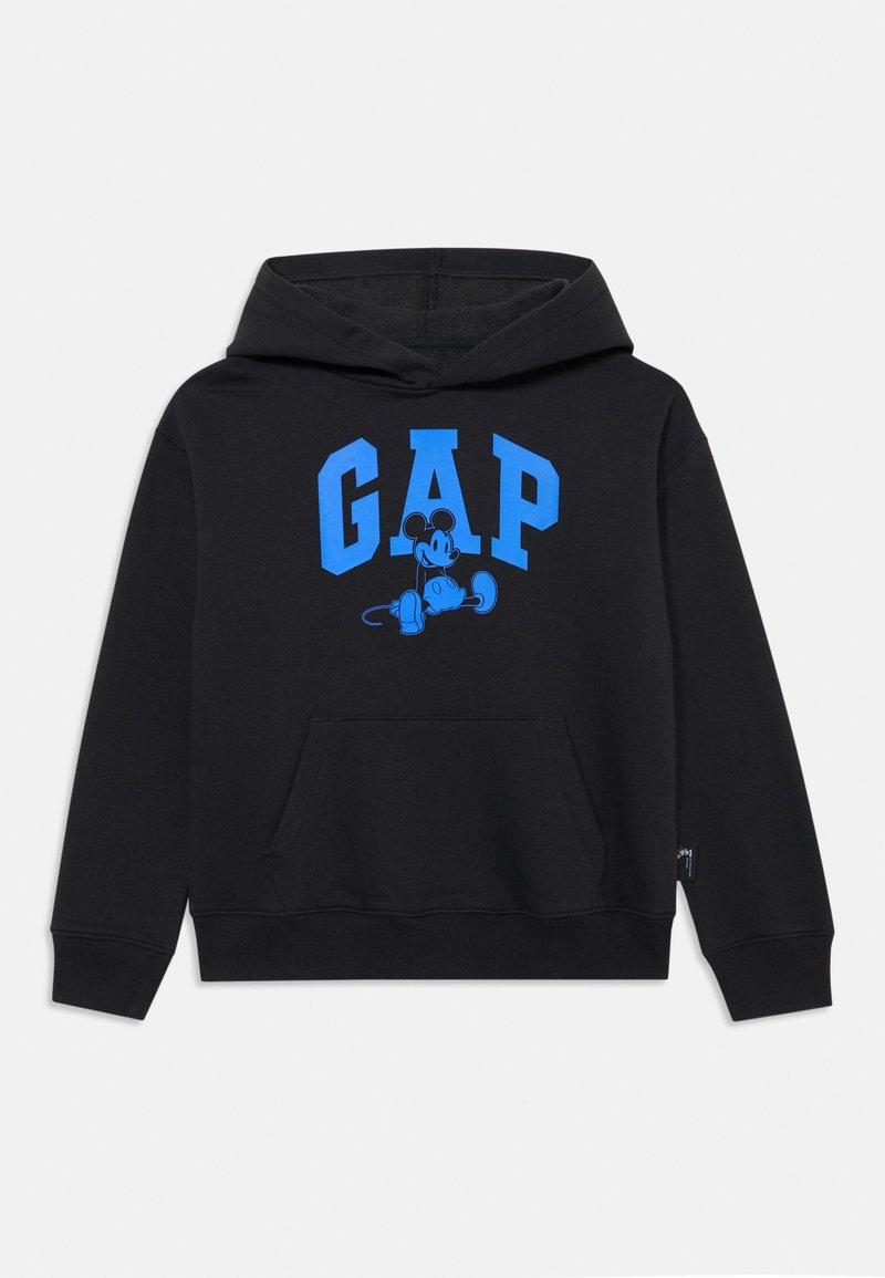 Felpa nera con cappuccio e scritta blu "GAP" con una grafica di Topolino seduto sotto le lettere, tasca frontale a marsupio, maniche lunghe.
