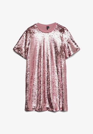 Vestido de manga corta cubierto de lentejuelas rosas, con un escote redondo sólido en rosa. Textura suave con corte holgado y superficie brillante.