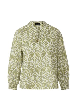 Grüne Bluse mit weißem Blattmuster, versehen mit einem gerafften Ausschnitt und elastischen Bündchen. Hergestellt aus leichtem Stoff mit einer entspannten Passform.