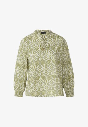 Zielona bluzka z białym wzorem liści, z marszczonym dekoltem i elastycznymi mankietami. Wykonana z lekkiego materiału o luźnym kroju.