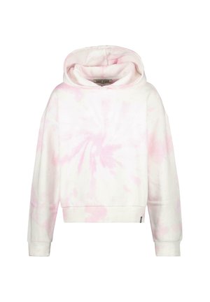 Roze tie-dye cropped hoodie gemaakt van een zachte katoenmix, met een grote capuchon en ribgebreide manchetten. Soepele textuur met variërende roze patronen.