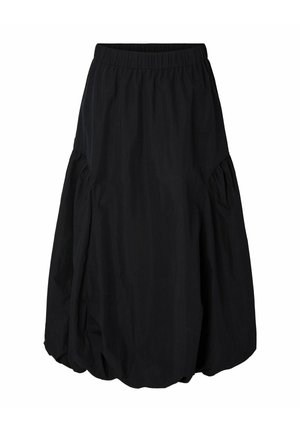 Black knee-length skirt with elastic waistband and gathered, balloon-style hem and side panels.