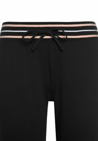 Schwarze Hose mit einem Kordelzugbund und einem gestreiften elastischen Bund in Pink, Weiß und Schwarz. Glatte Textur und gerader Beinanschnitt.