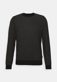 Maglione nero a maglia con un motivo testurizzato, maniche lunghe, collo a giro e polsini e orlo neri uniformi. Nessun logo o accento visibile.