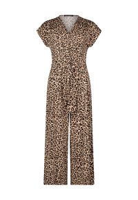 Jumpsuit v povu s čiernymi škvrnami v béžovej farbe, s krátkymi rukávmi, výstrihom do V a opaskom v páse na nastaviteľné prispôsobenie. Návrh s širokými nohavicami.