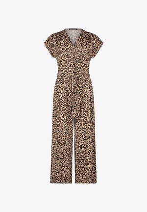 Tiermuster-Jumpsuit in Beige mit schwarzen Flecken, kurzen Ärmeln, V-Ausschnitt und einem taillenbetonten Design für eine verstellbare Passform. Weites Bein.