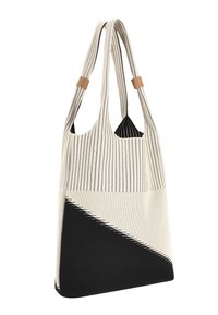 Katoenen draagtas met gestreept patroon in crème en zwart, voorzien van diagonale kleurvlakken en leren accenten aan de handgrepen.