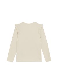 Langarmshirt aus cremefarbenem Baumwollstoff mit gerafften Schulterakzenten und rundem Halsausschnitt. Glatte Textur, lässige Passform und einfarbig.